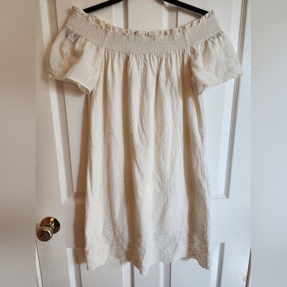 Zara Embroidered Ruffle Smock Off Shoulder Dress